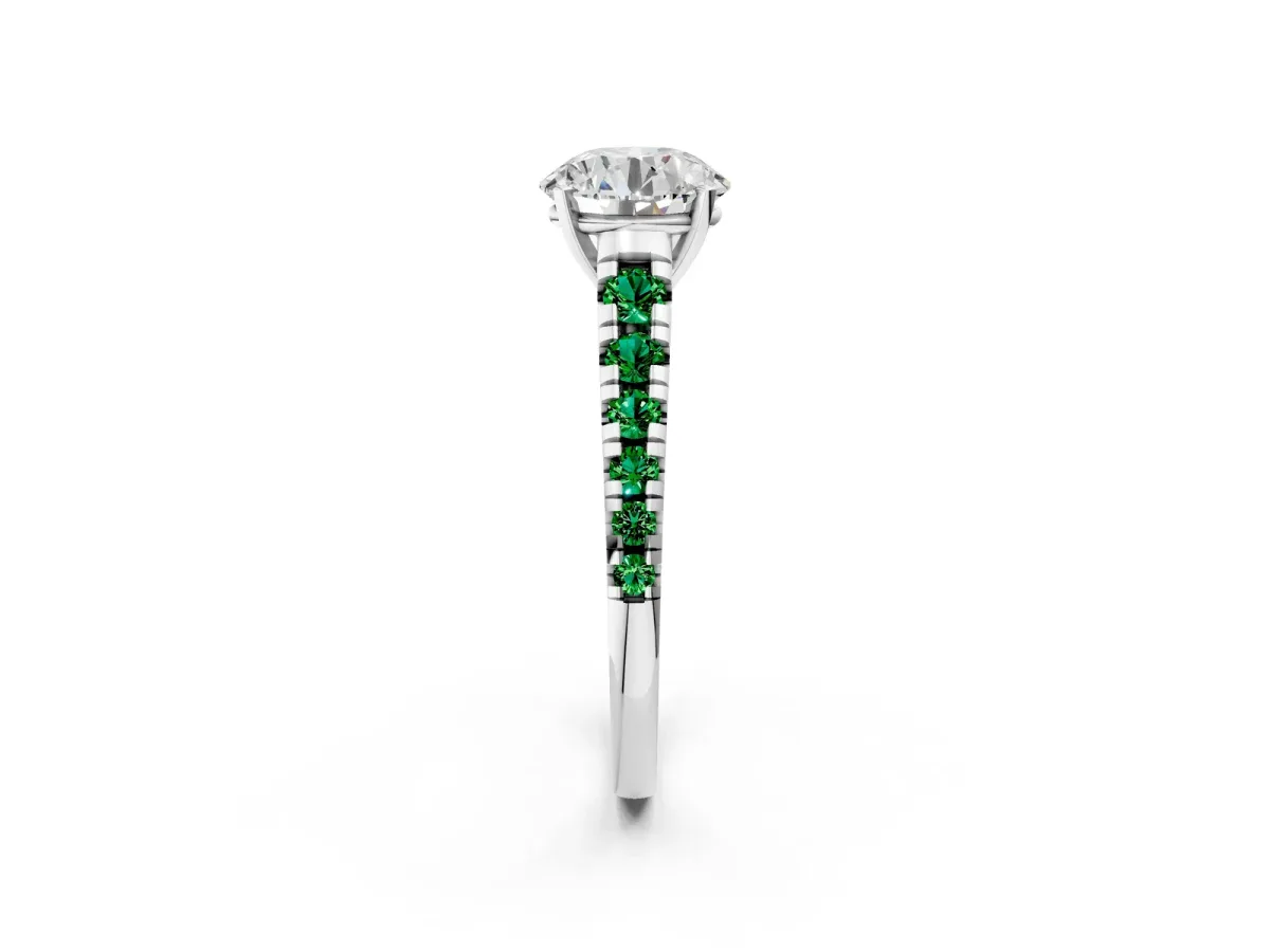Round Cut Diamond Cathedral Solitaire Ring with Round Emerald Pavé Band Platinum