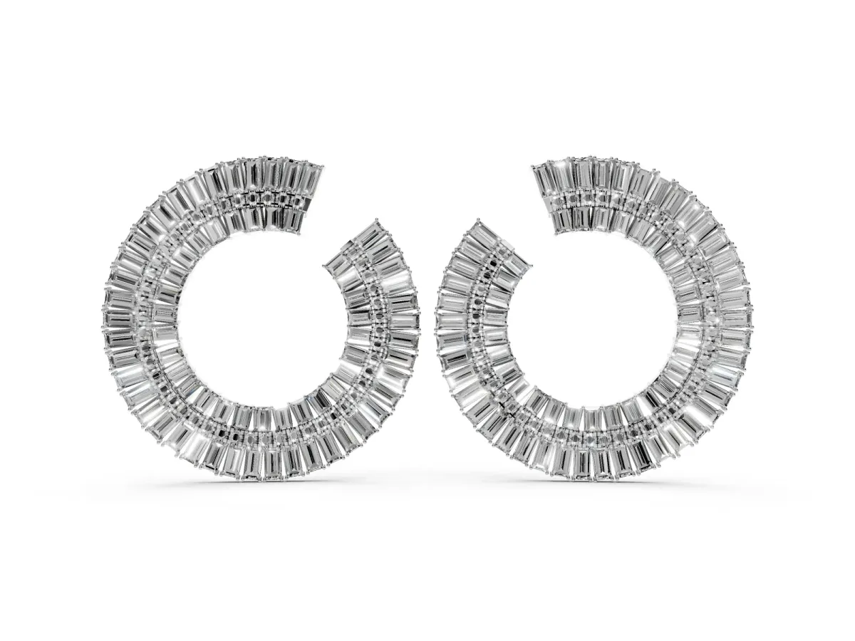 Baguette and Round Diamond Fanned Hoop Earrings Silver