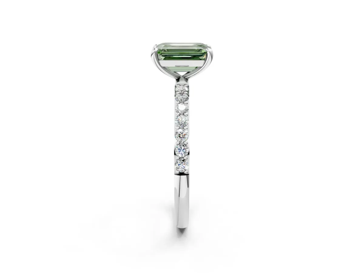 Fancy Green Emerald Cut Diamond Solitaire Ring with Round Pavé Band and Prong Setting Silver