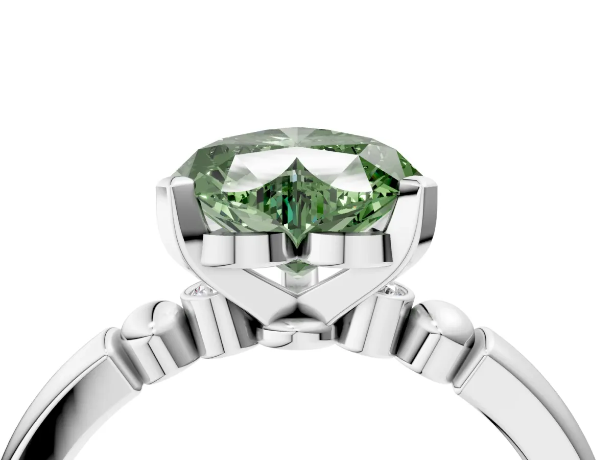 Fancy Green Heart Cut Solitaire Beaded Band with Four-Prong Setting Platinum