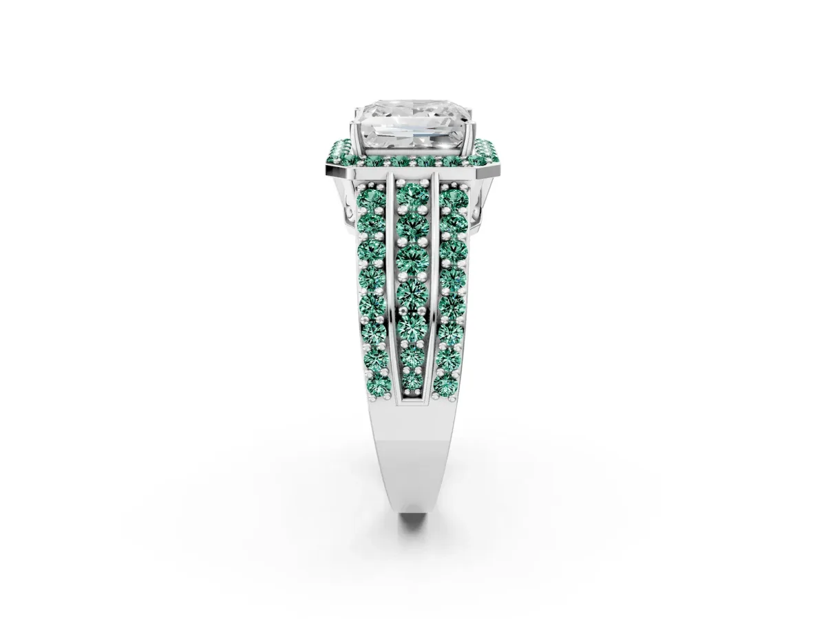 Princess Cut Halo Diamond Ring with Round Green Sapphire Split Shank and Prong Setting Silver