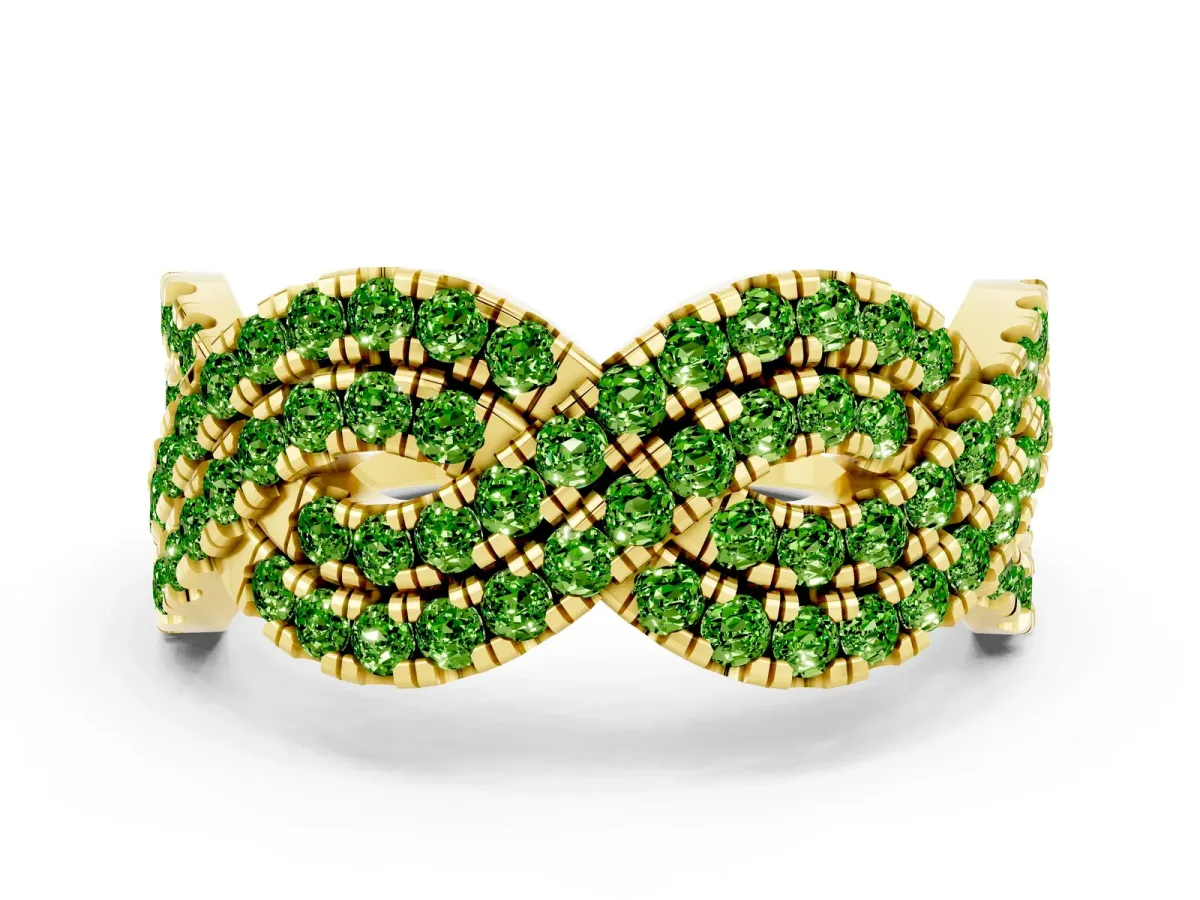 Pavé Round Peridot Infinity Twist Band with Shared Prong Setting Yellow gold