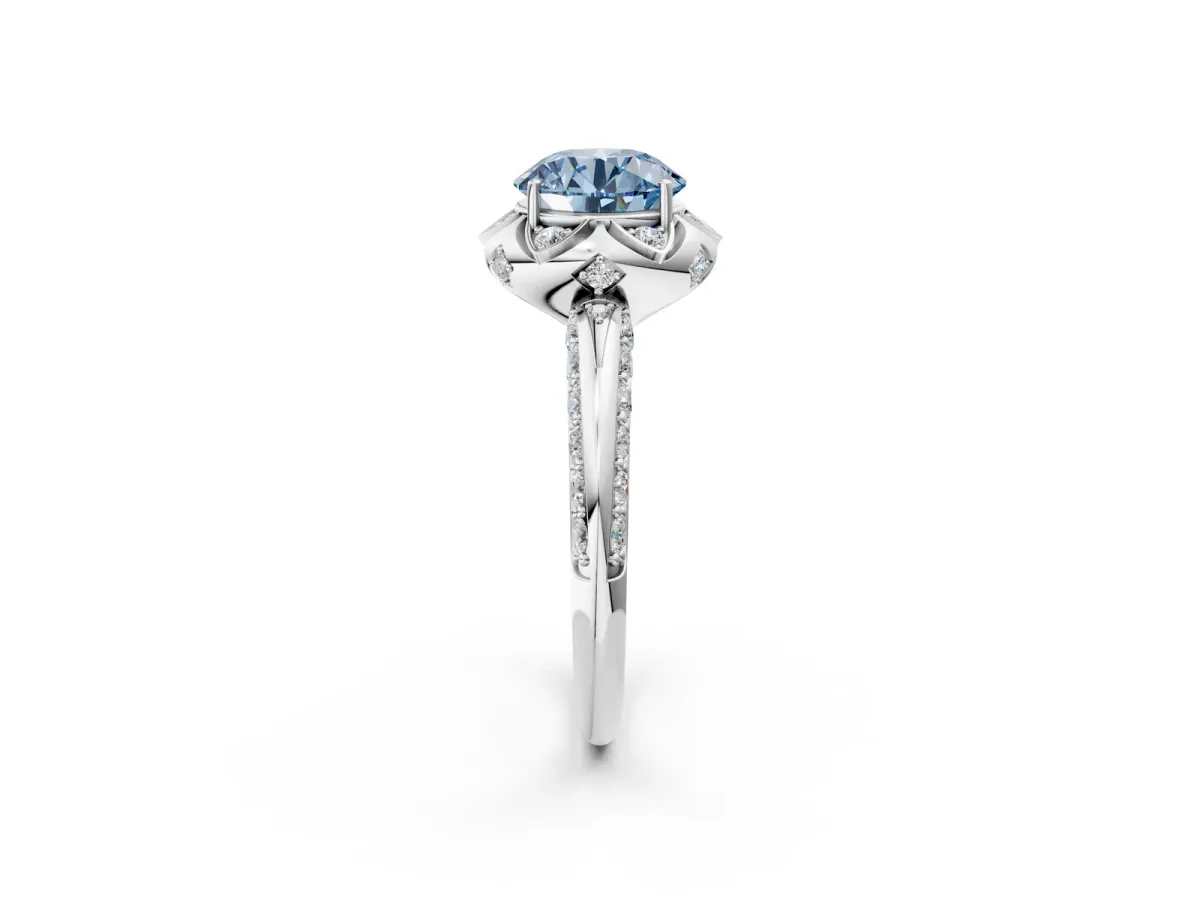 Fancy Blue Round Cut Halo Split Shank Pave Diamond Ring with Petal Prong Setting Platinum