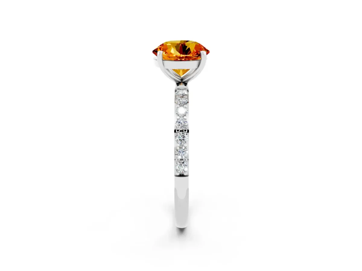 Round Cut Citrine Solitaire Ring with Round Pavé Band and Prong Setting Silver