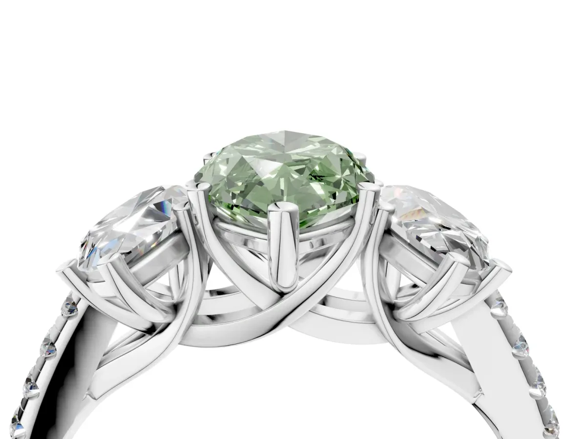 Fancy Green Three-Stone Marquise Cut Diamond Ring with Round Pavé Band and Prong Setting Silver