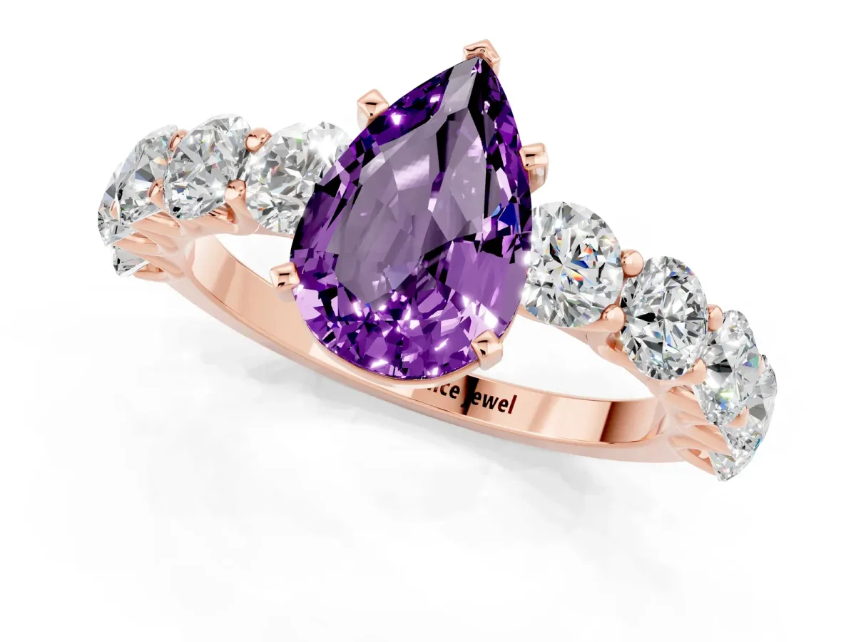 Pear Cut Amethyst Prong Setting with Side Stones on a Pave Band Rose gold