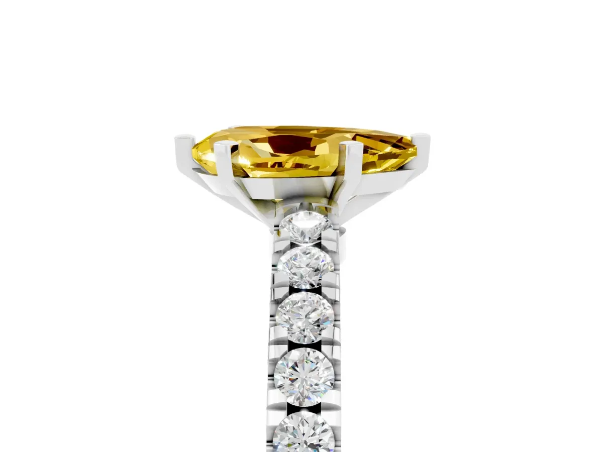 Pear Cut Solitaire Yellow Sapphire with Pavé Band and Four-Prong Setting Silver