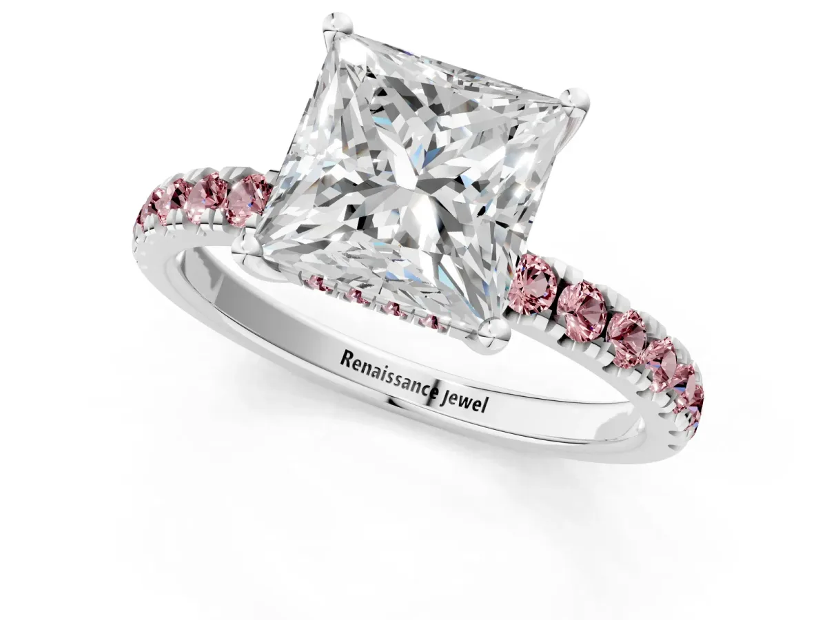 Princess Cut Diamond Pave Band Solitaire Ring with Round Morganite and Prong Setting Silver