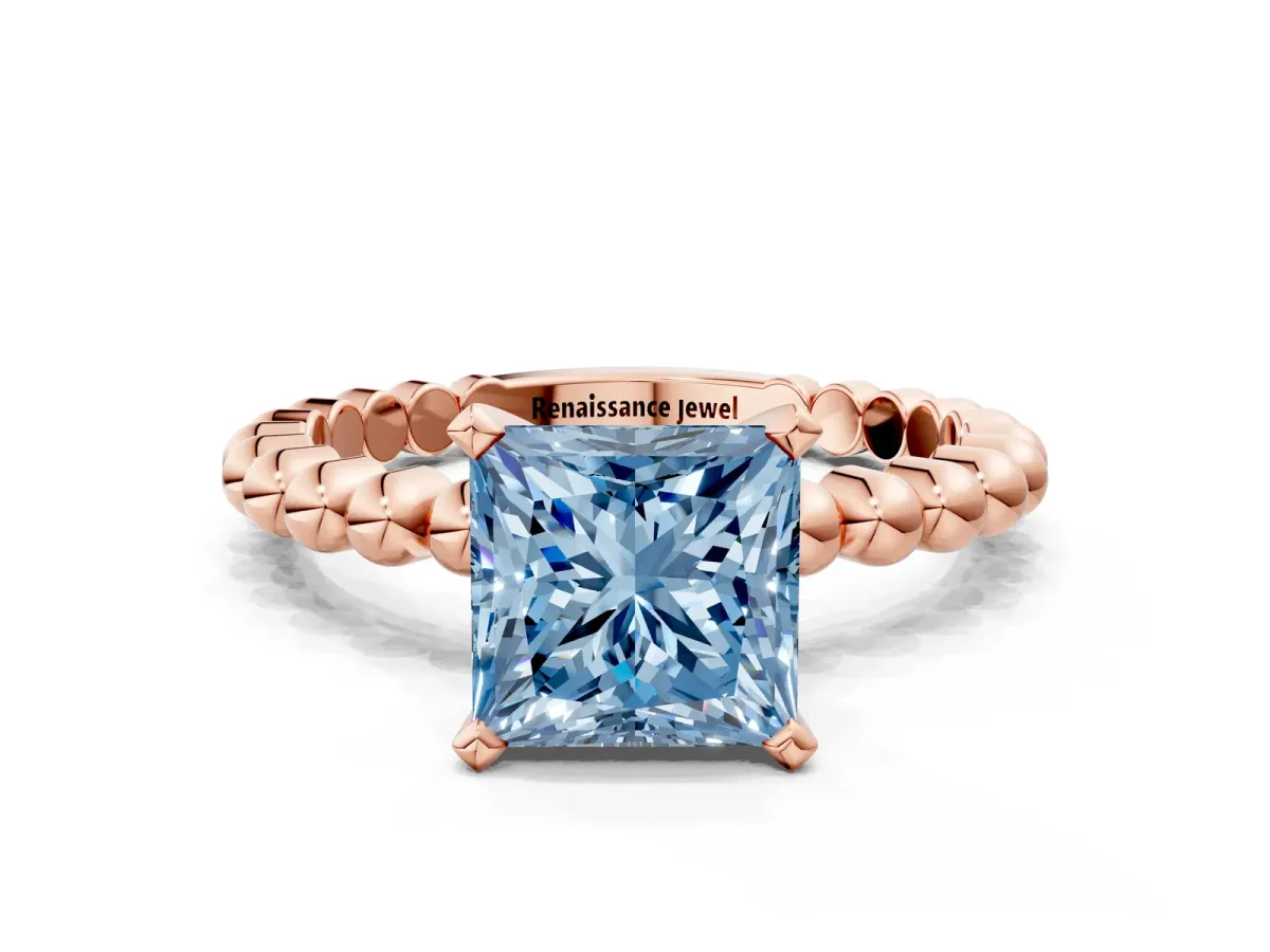 Fancy Blue Princess Cut Diamond Solitaire Ring with Beaded Band and Prong Setting Rose gold