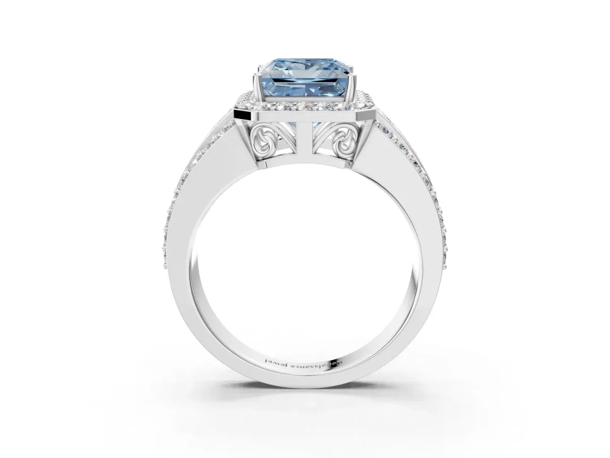 Fancy Blue Princess Cut Halo Diamond Ring with Round Split Shank and Prong Setting Platinum