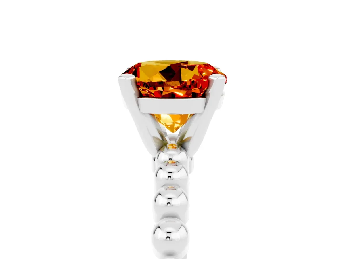 Round Cut Citrine Solitaire Ring with Beaded Band and Prong Setting Platinum