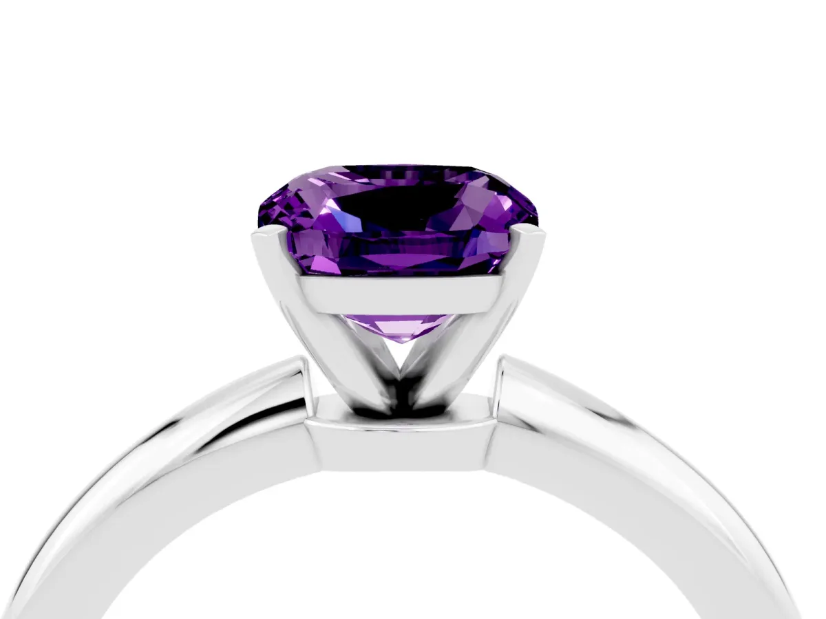 Cushion Cut Amethyst Solitaire Ring with Six-Prong Setting and Classic Band Silver