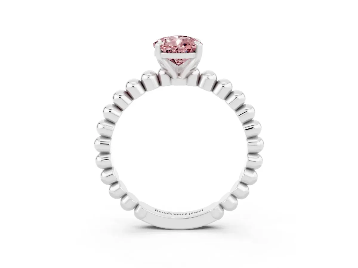 Pear Cut Morganite Solitaire Ring with Beaded Band and Prong Setting Platinum