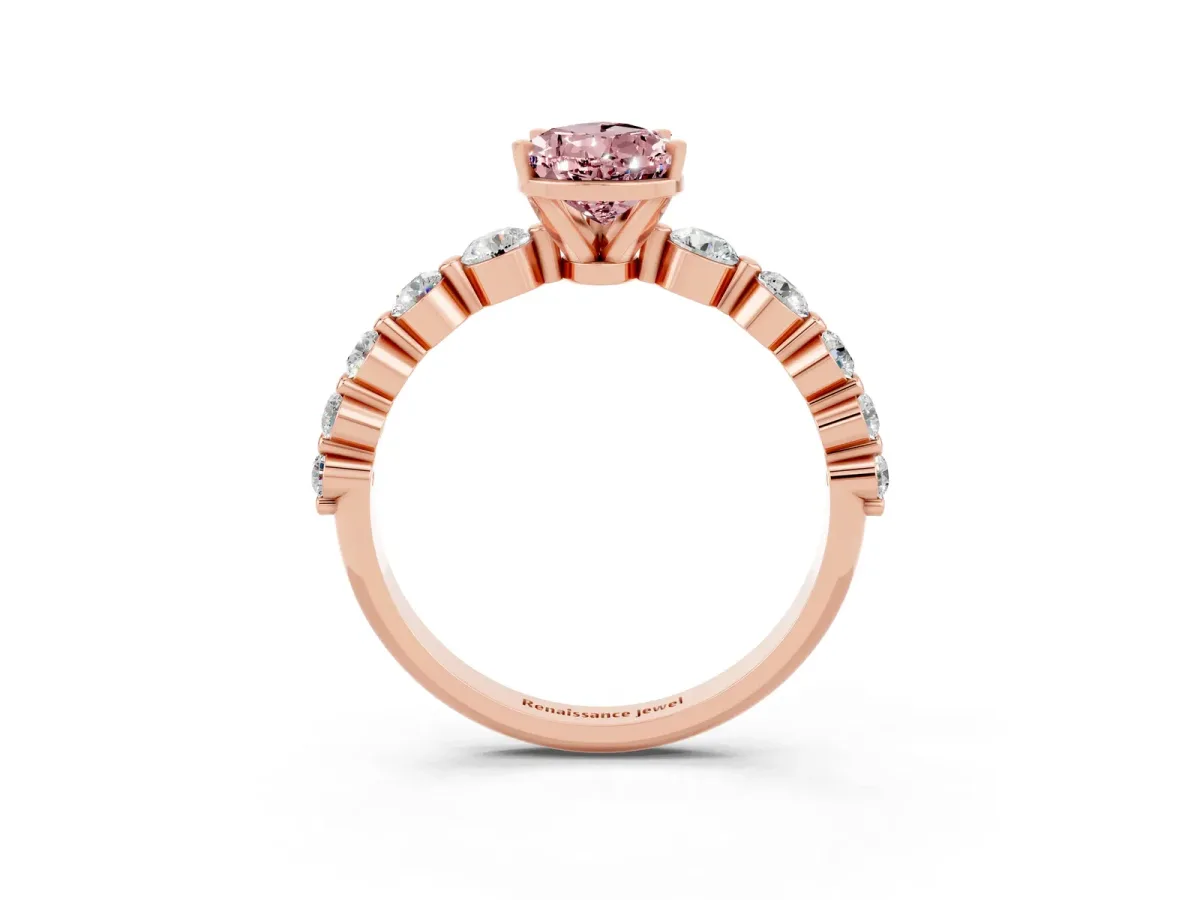 Pear Cut Solitaire Morganite Ring with Pave Band and Four-Prong Setting Rose gold