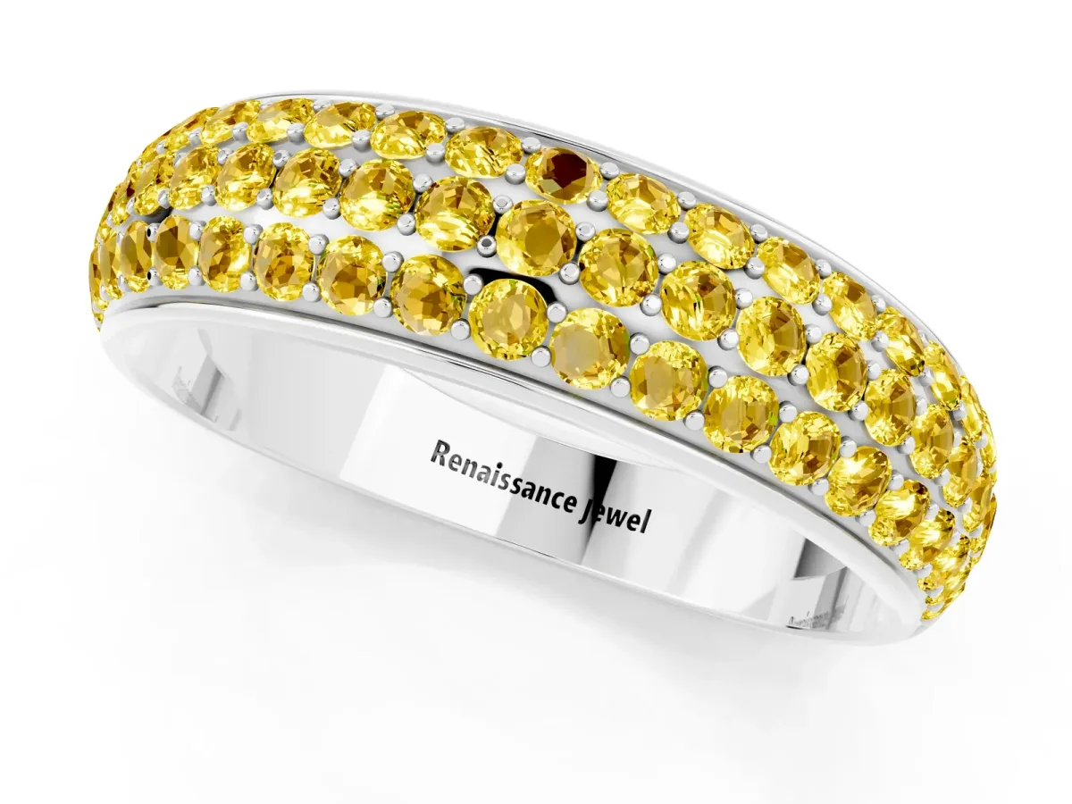 Three-Row Round Yellow Sapphire Eternity Band with Shared Prong Setting White gold