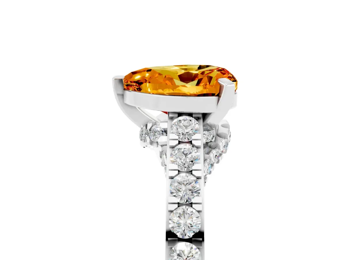 Heart Cut Citrine Solitaire Ring with Crossover Gallery and Round Pavé Band Silver