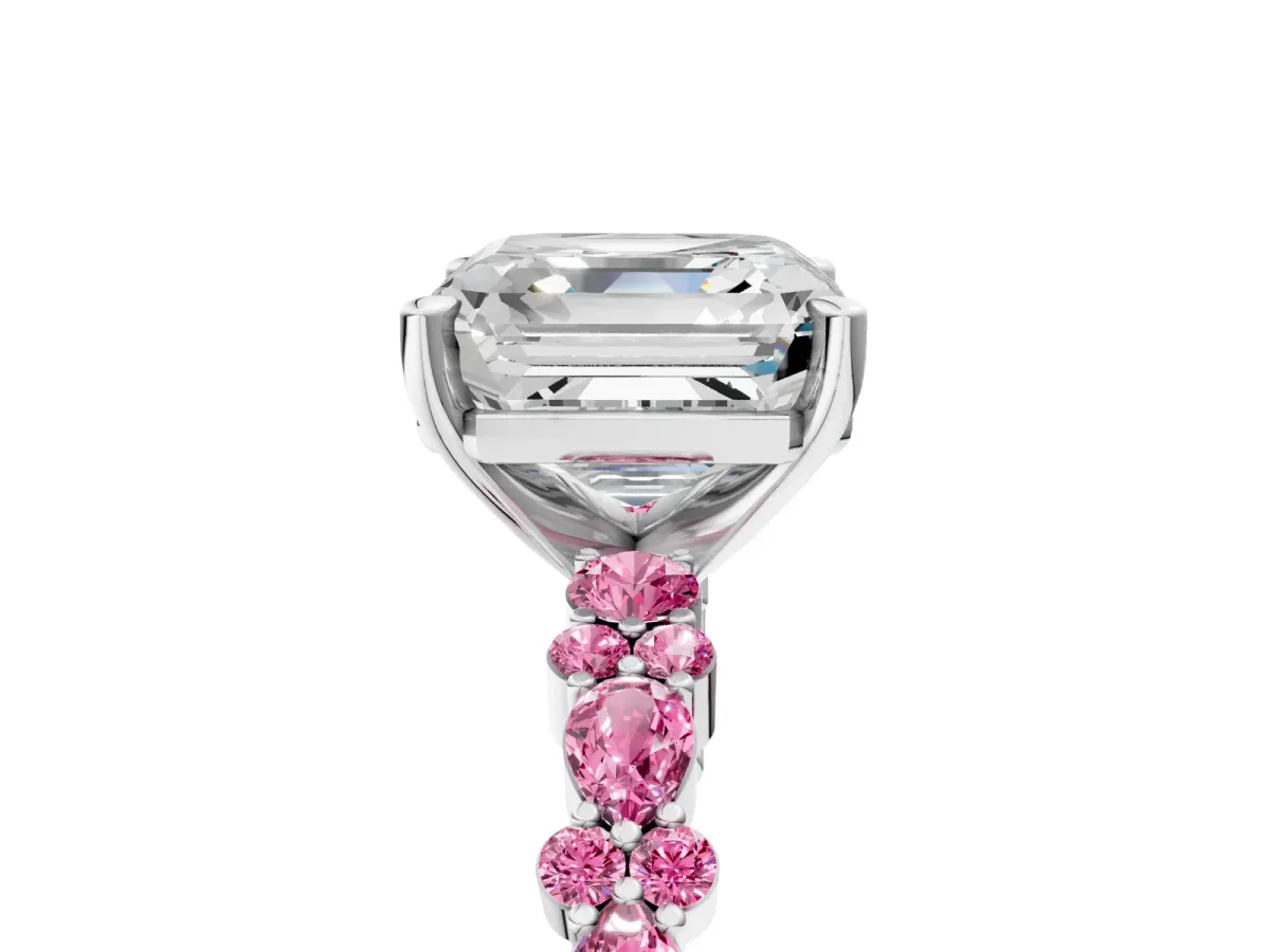 Asscher Cut Diamond Side Stone Solitaire Ring with Round Pink Sapphire and Four-Prong Setting Silver