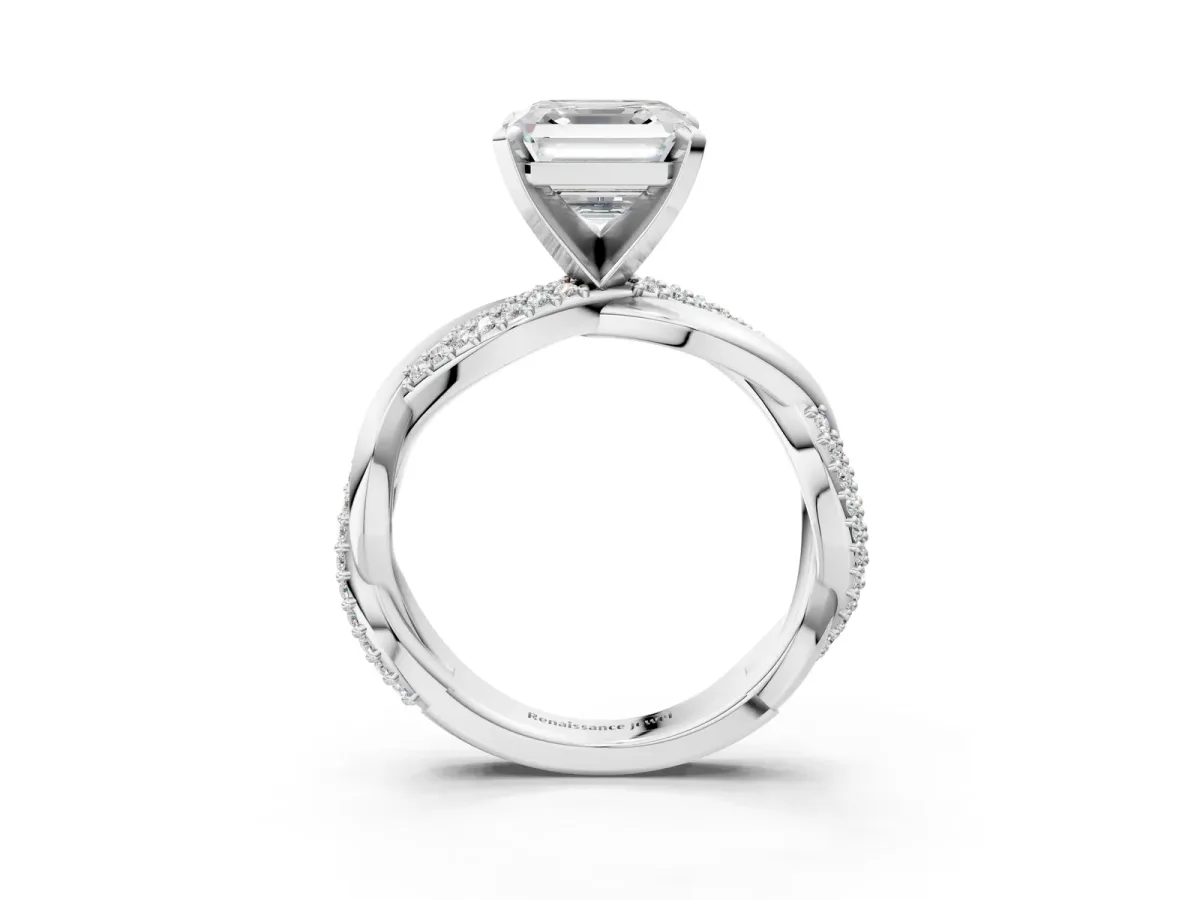 Asscher Cut Solitaire Twist Band with Pave Prong Setting Platinum