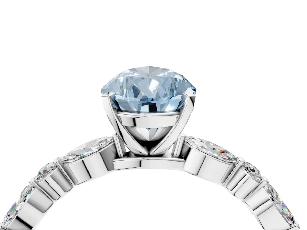 Fancy Blue Pear Cut Diamond Ring with Marquise and Round Side Stones and Four-Prong Setting Silver