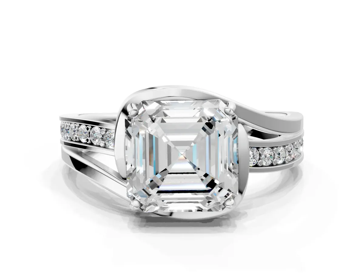 Asscher Cut Diamond Solitaire Ring with Split Shank and Prong Setting Platinum