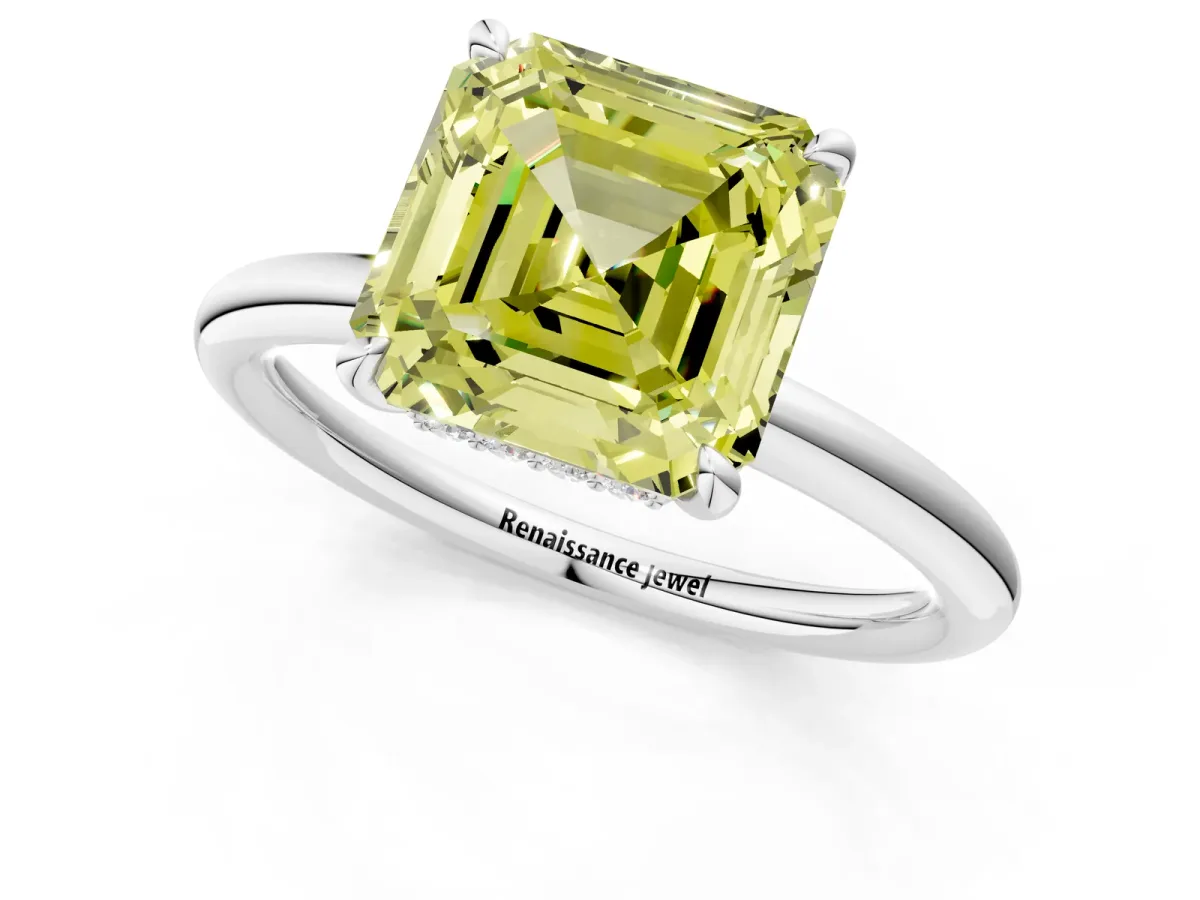 Fancy Yellow Asscher Cut Diamond Solitaire Ring with Thin Band and Four-Prong Setting Platinum