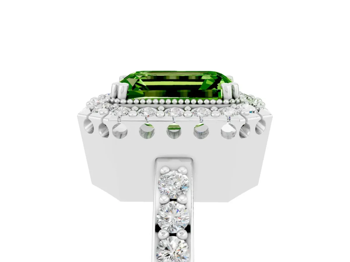 Emerald Cut Peridot Halo Ring with Pavé Band and Prong Setting White gold