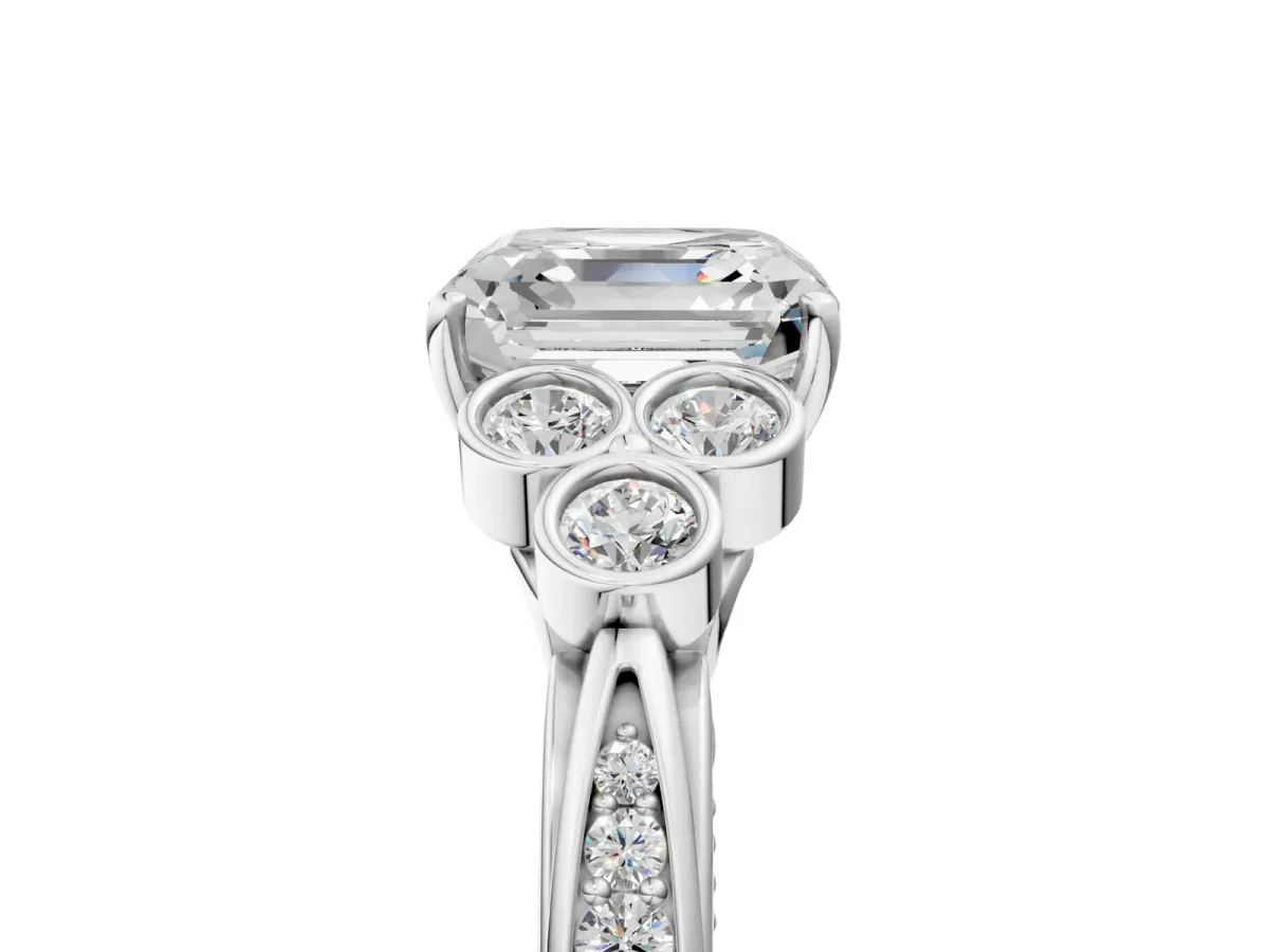 Asscher Cut Cut Diamond Engagement Ring with Bezel Set Round Side Stones and Prong Setting Platinum