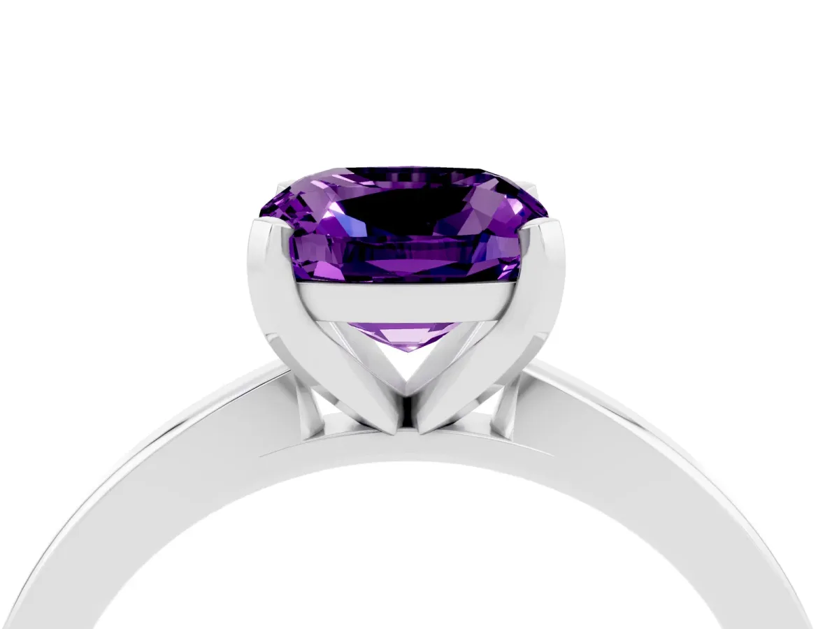 Cushion Cut Amethyst Solitaire Engagement Ring with Classic Band and Four-Prong Setting Silver