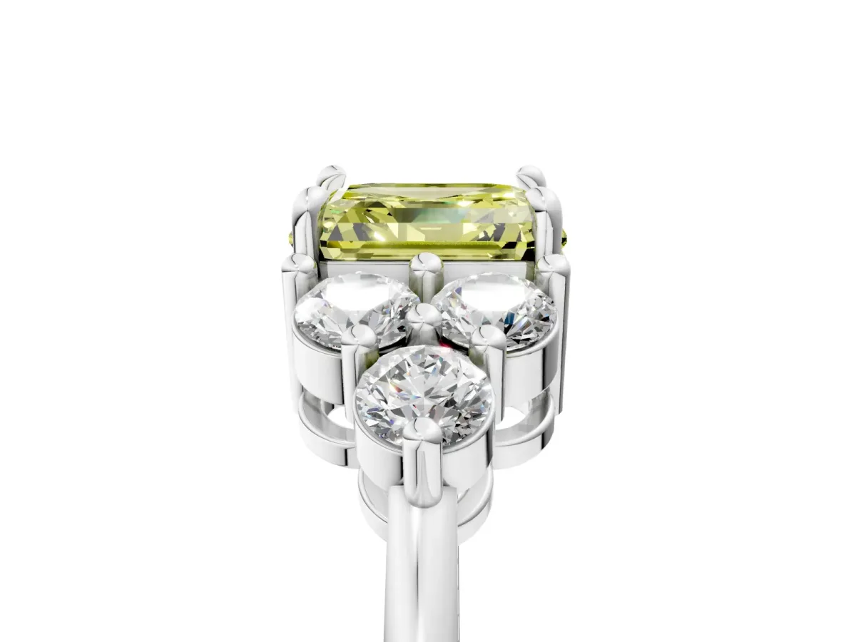 Fancy Yellow Asscher Cut Brilliant Diamond Cluster Accent Solitaire Ring with Prong Setting Platinum