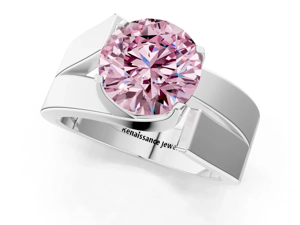 Fancy Pink Modern Tension Set Round Cut Diamond Solitaire Wide Band Ring Silver