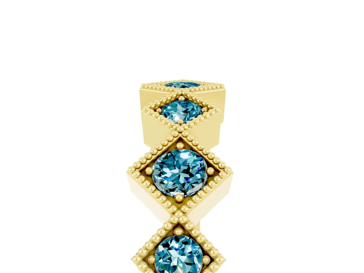 Milgrain Square Bezel Round Blue Topaz Chevron Band Yellow gold