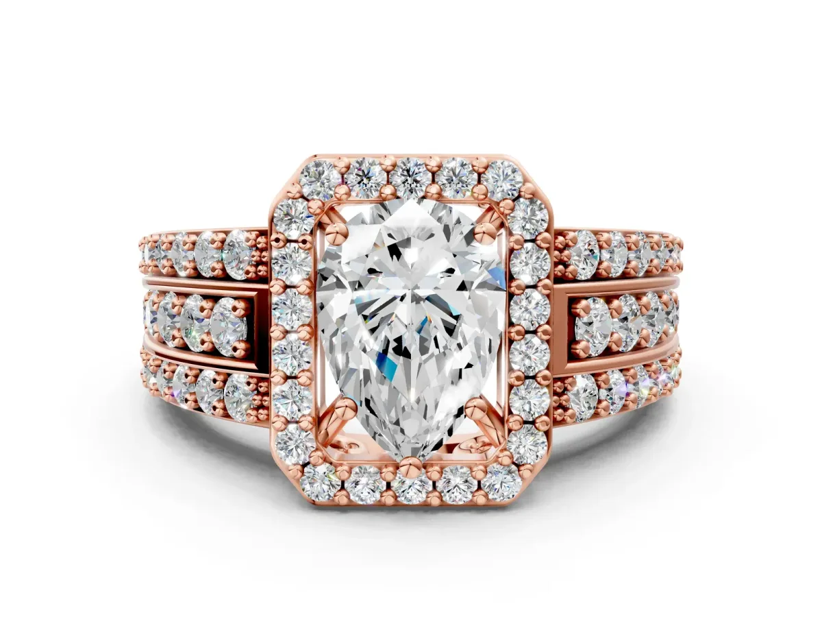 Pear Cut Halo Diamond Ring with Round Split Shank and Prong Setting Rose gold