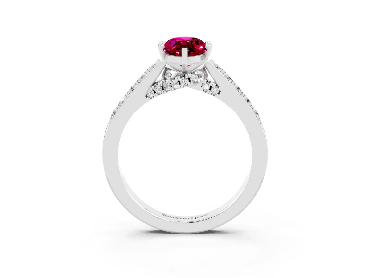 Marquise Cut Garnet Solitaire Ring with Crossover Gallery and Round Pavé Band Silver