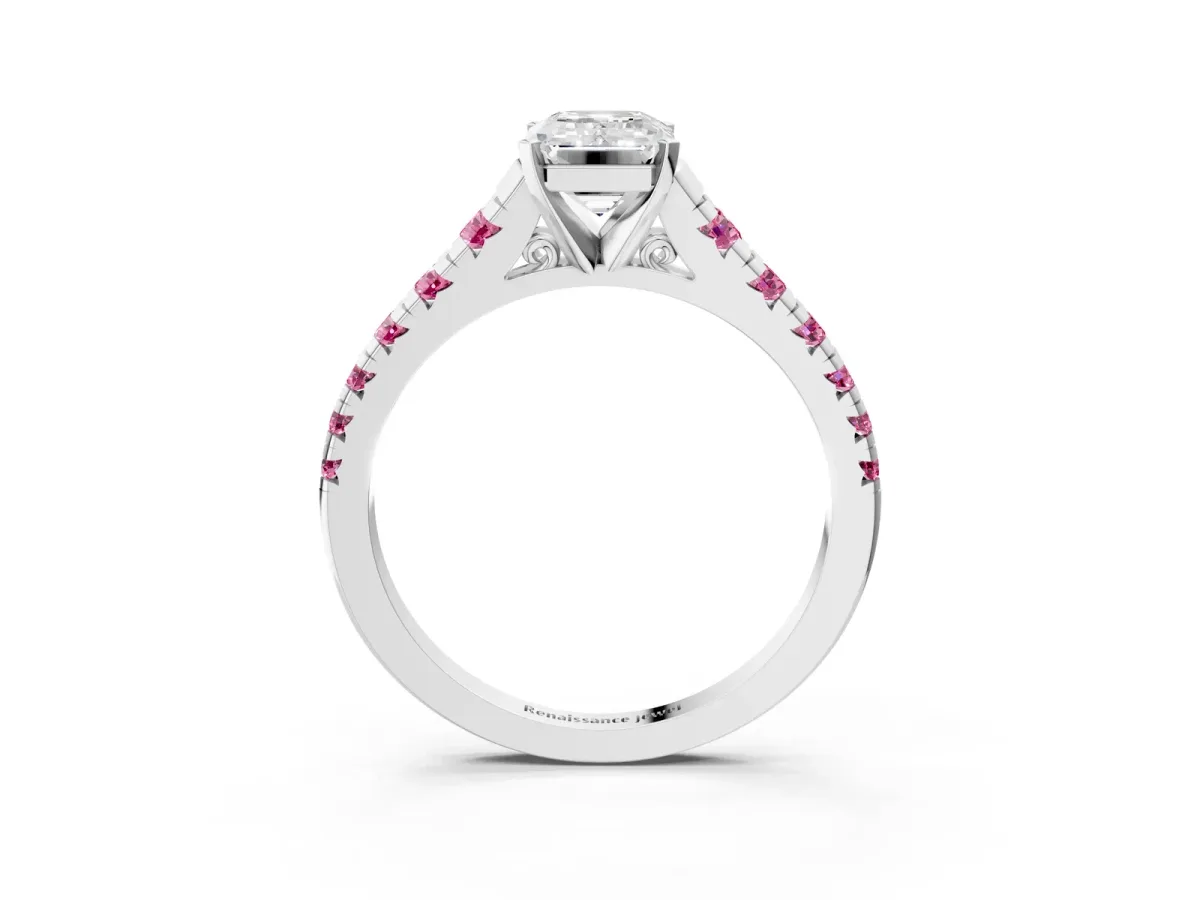 Emerald Cut Diamond Cathedral Solitaire Ring with Round Pink Sapphire Pavé Band Silver