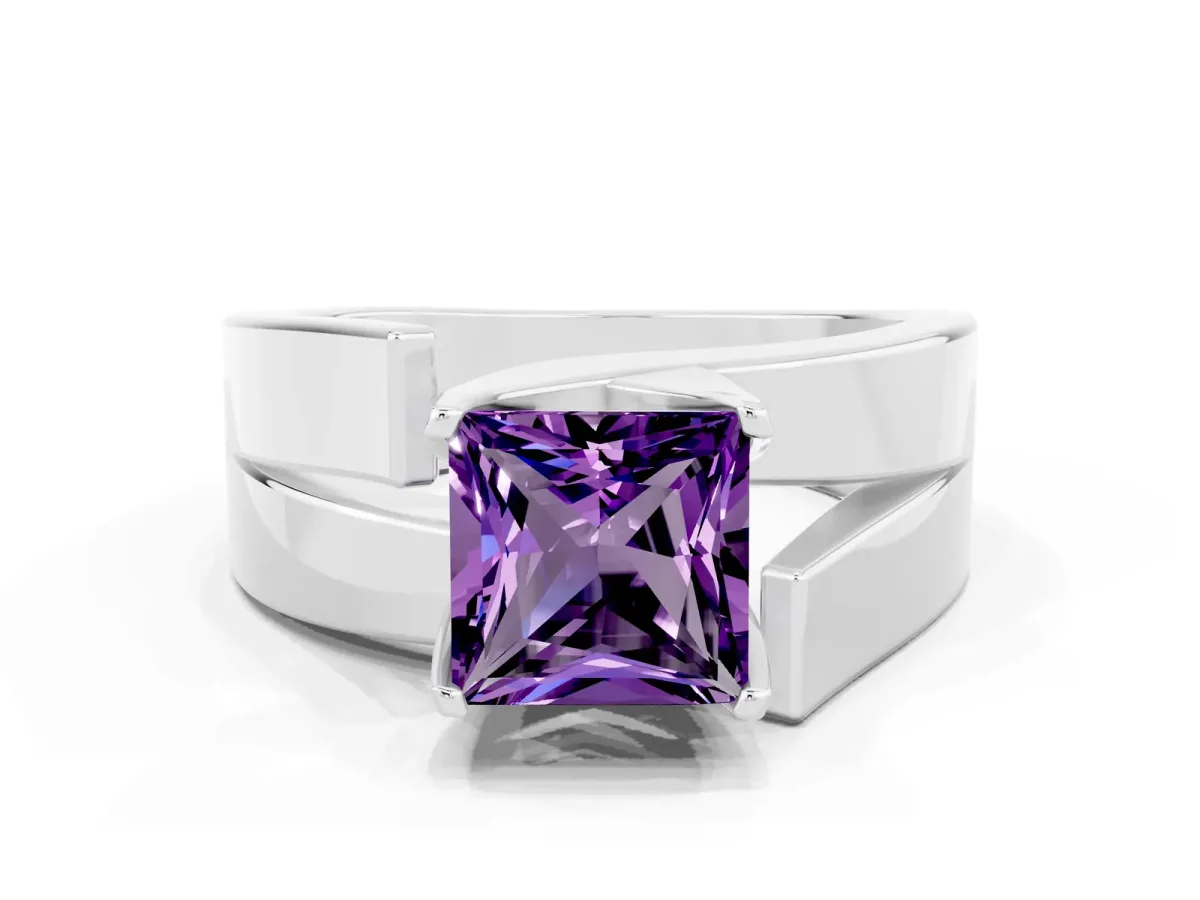 Modern Tension Set Princess Cut Amethyst Solitaire Wide Band Ring Silver