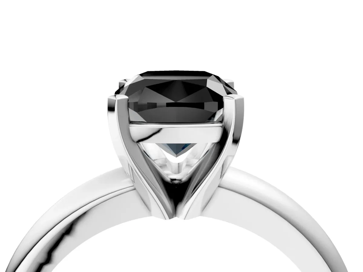 Fancy Black Cushion Cut Diamond Solitaire Engagement Ring with Round Band and Four-Prong Setting Silver