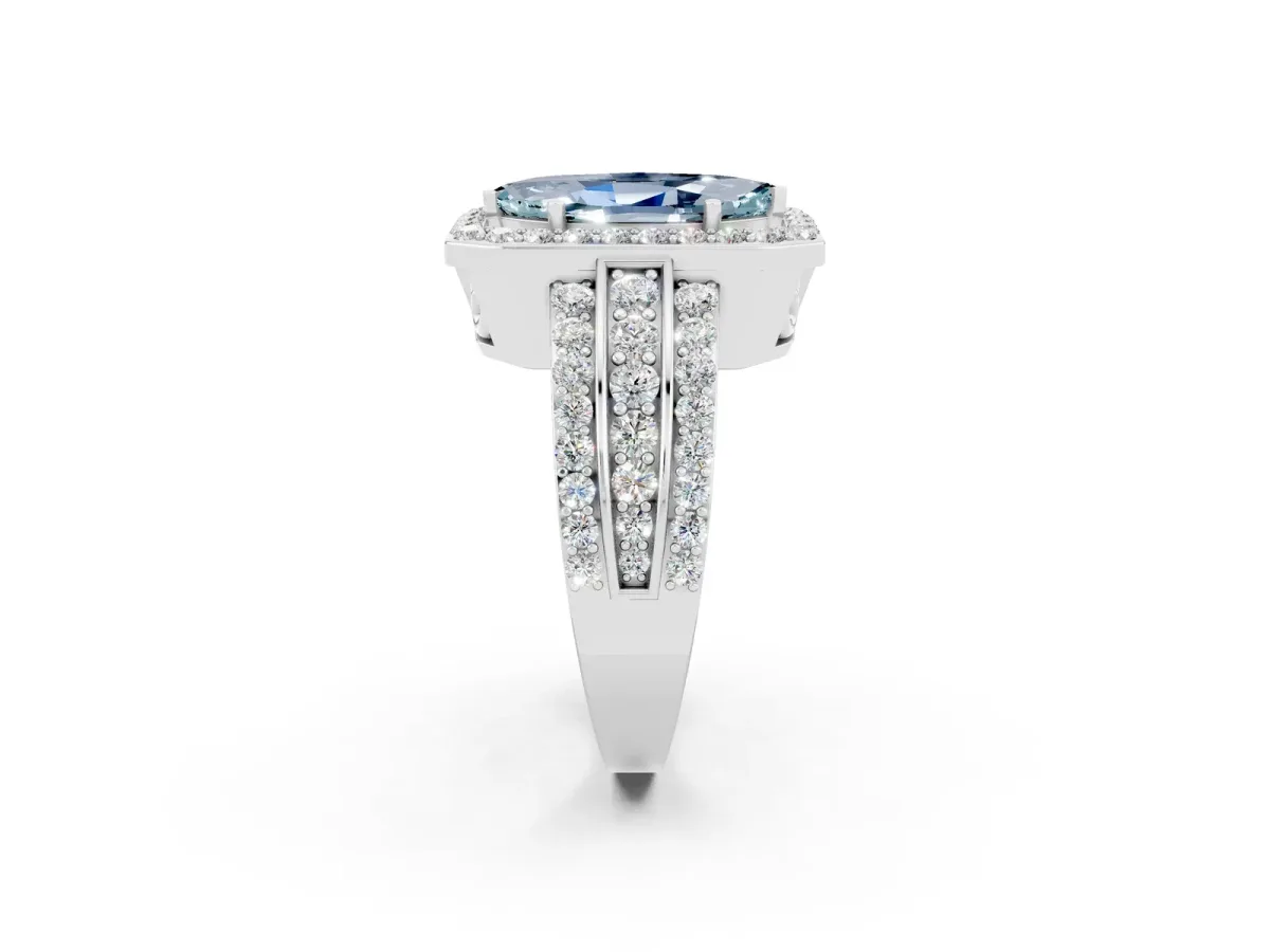 Marquise Cut Halo Aquamarine Ring with Round Split Shank and Prong Setting Silver