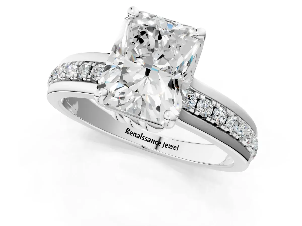 Radiant Cut Solitaire Diamond Ring with Channel Set Band and Six-Prong Setting Platinum