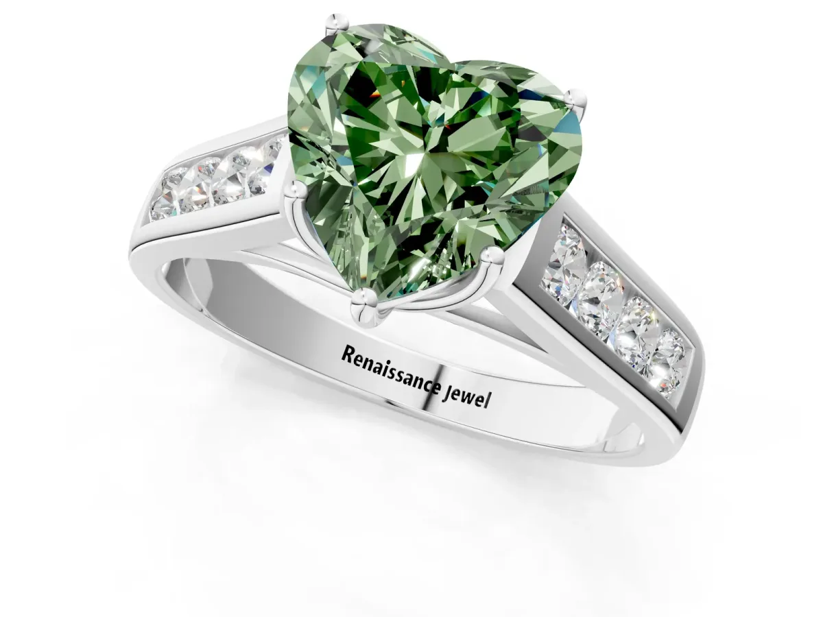 Fancy Green Heart Cut Solitaire Channel-Set Diamond Engagement Ring with Four-Prong Setting Platinum