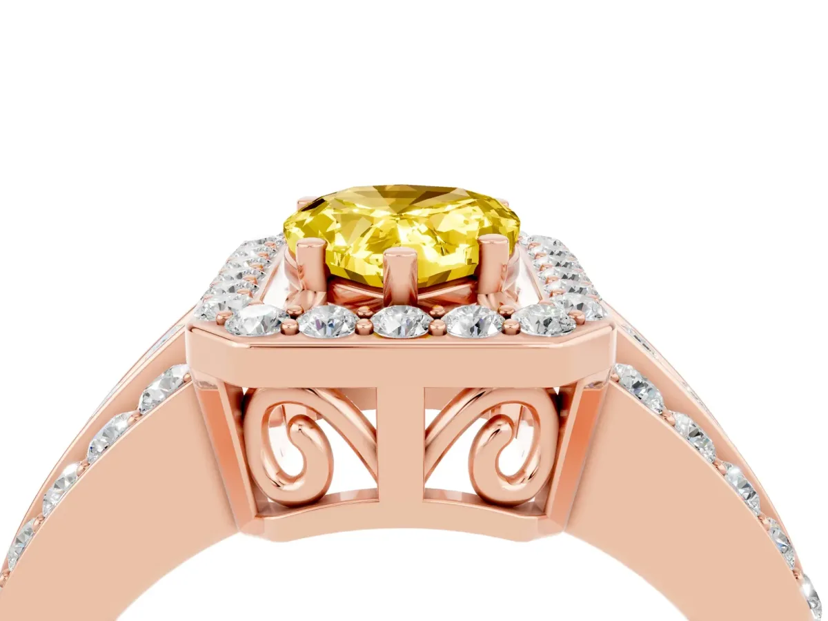 Pear Cut Halo Yellow Sapphire Ring with Round Split Shank and Prong Setting Rose gold