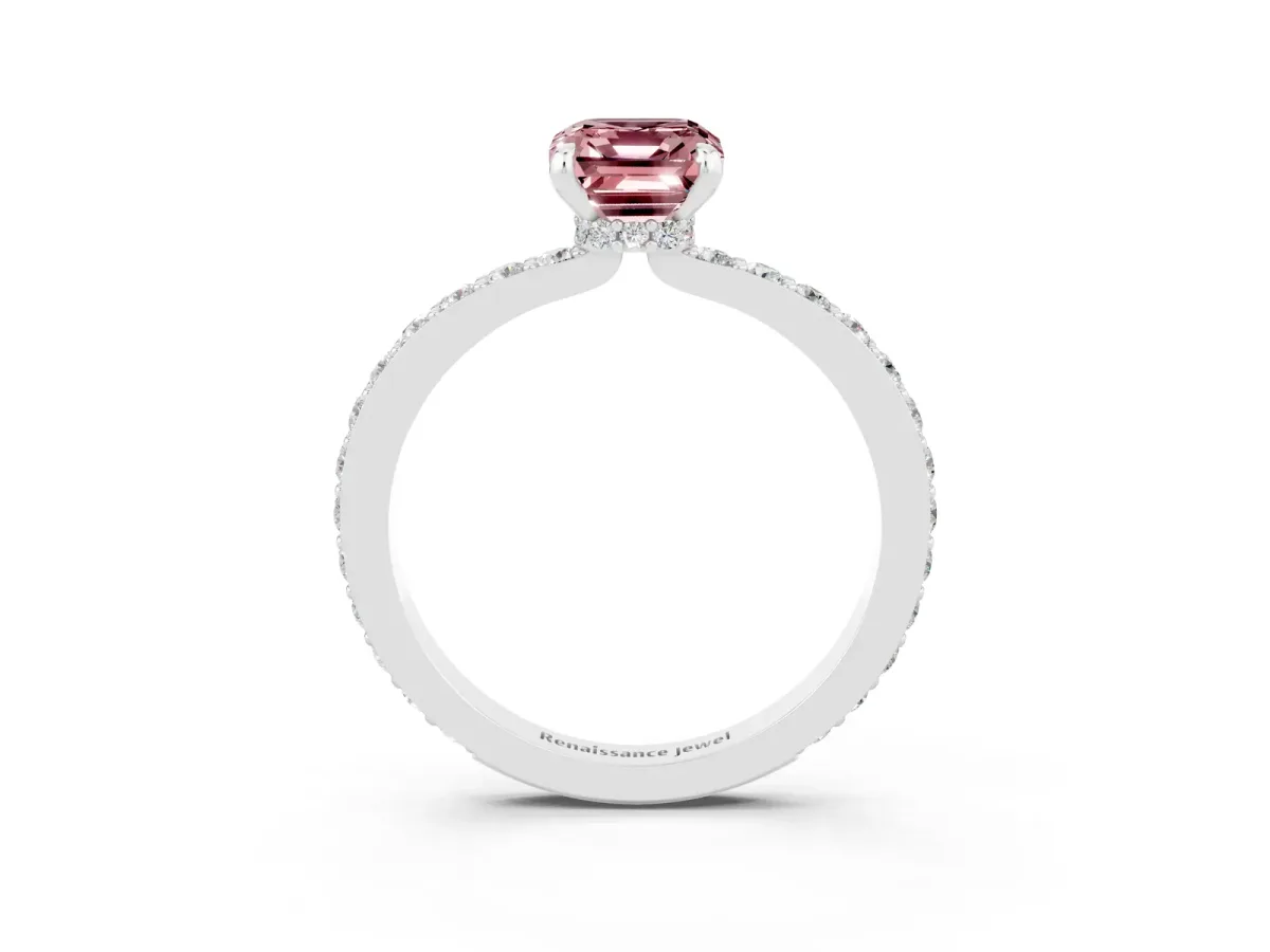 Emerald Cut Morganite Solitaire Engagement Ring with Pavé Band and Four-Prong Setting Silver