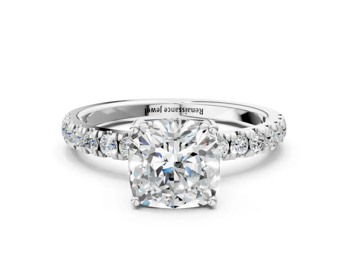 Cushion Cut Diamond Pave Band Solitaire Ring with Round Moissanite and Prong Setting Silver