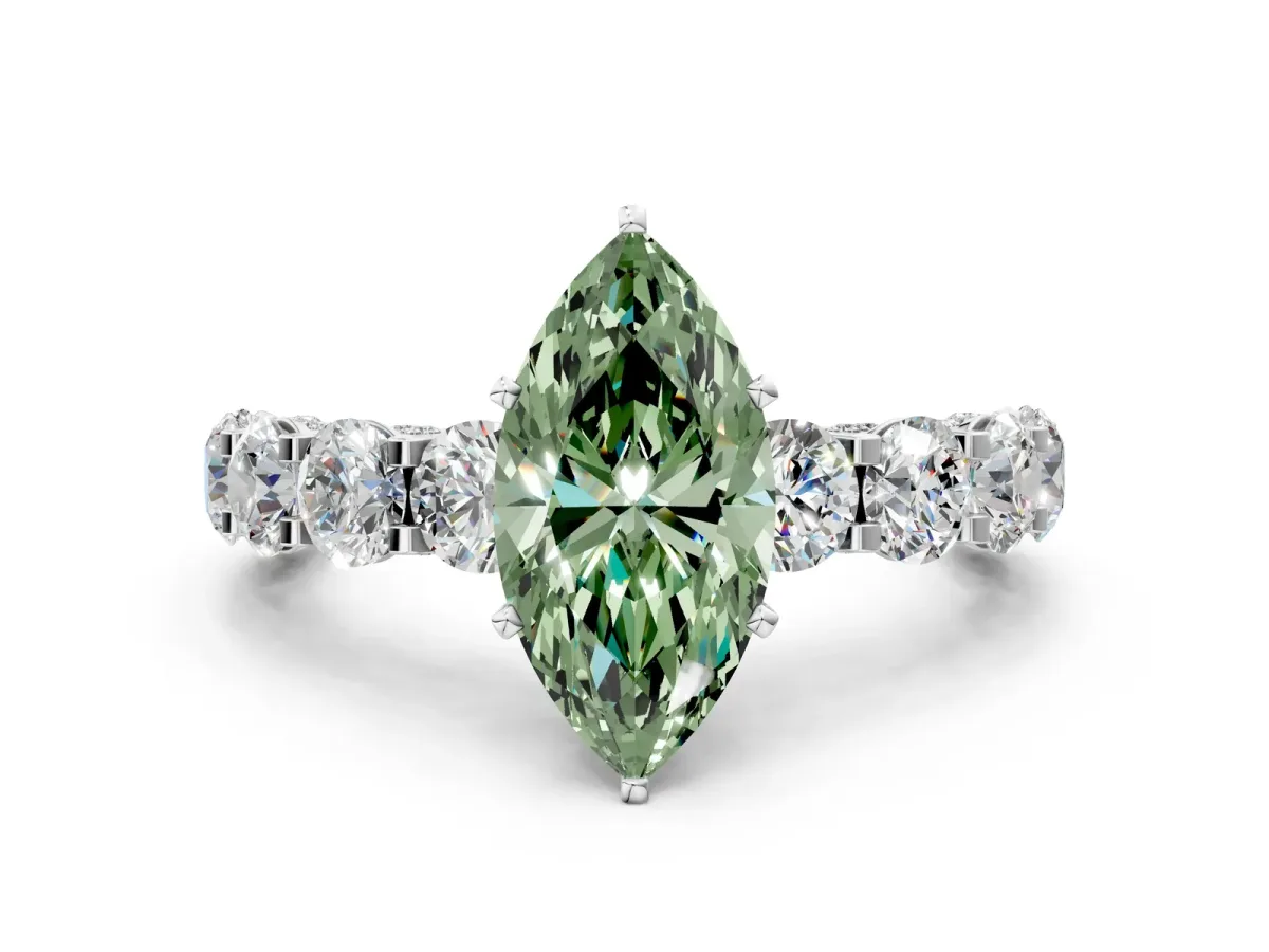 Fancy Green Marquise Cut Diamond Side Stone Engagement Ring with Four-Prong Setting White gold