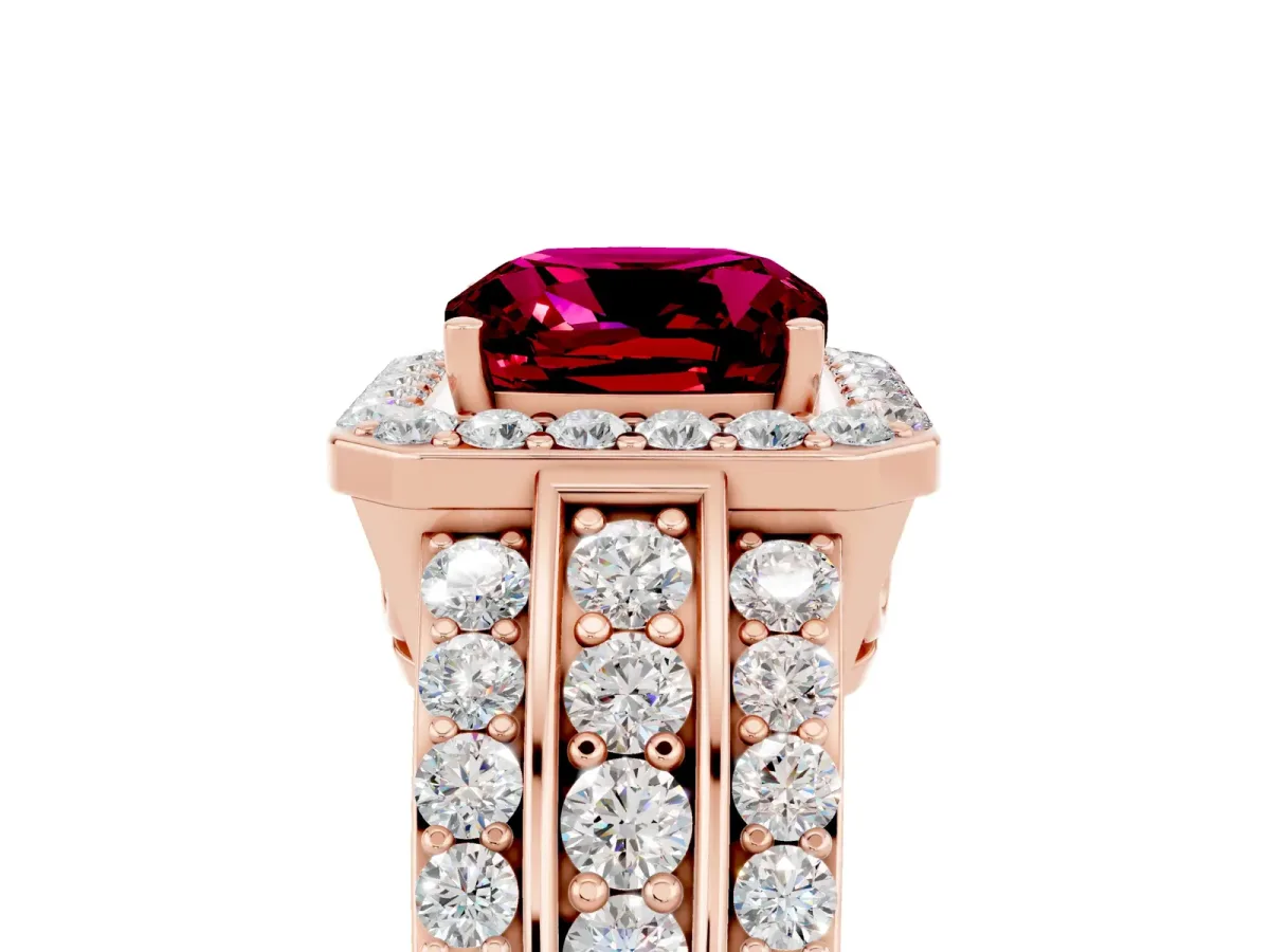 Cushion Cut Halo Garnet Ring with Round Split Shank and Prong Setting Rose gold