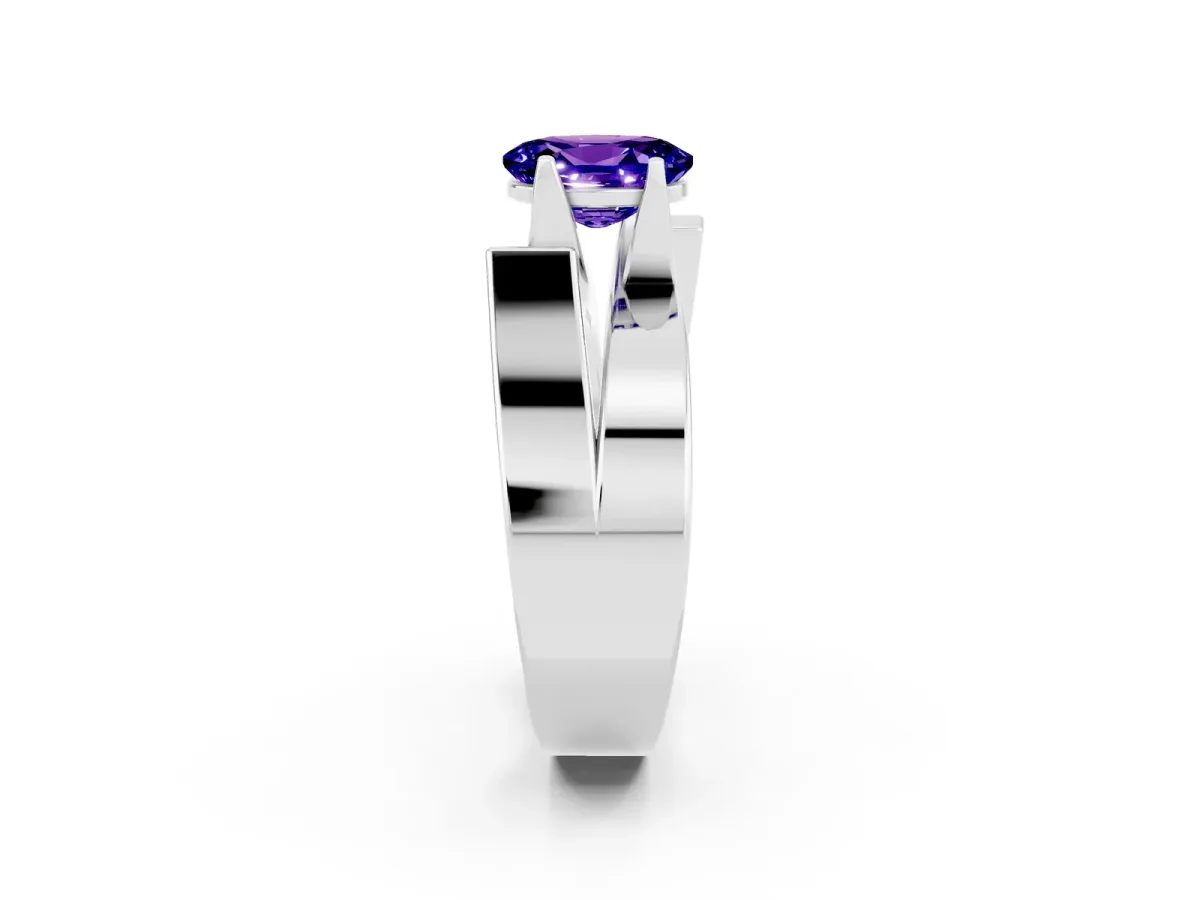 Modern Tension Set Oval Cut Tanzanite Solitaire Wide Band Ring Silver