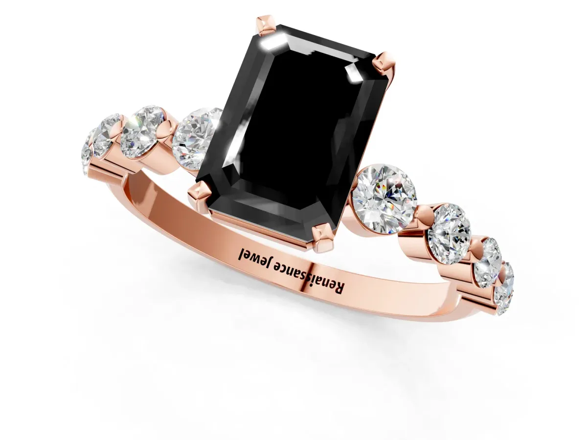 Fancy Black Emerald Cut Solitaire Diamond Ring with Pave Band and Four-Prong Setting Rose gold