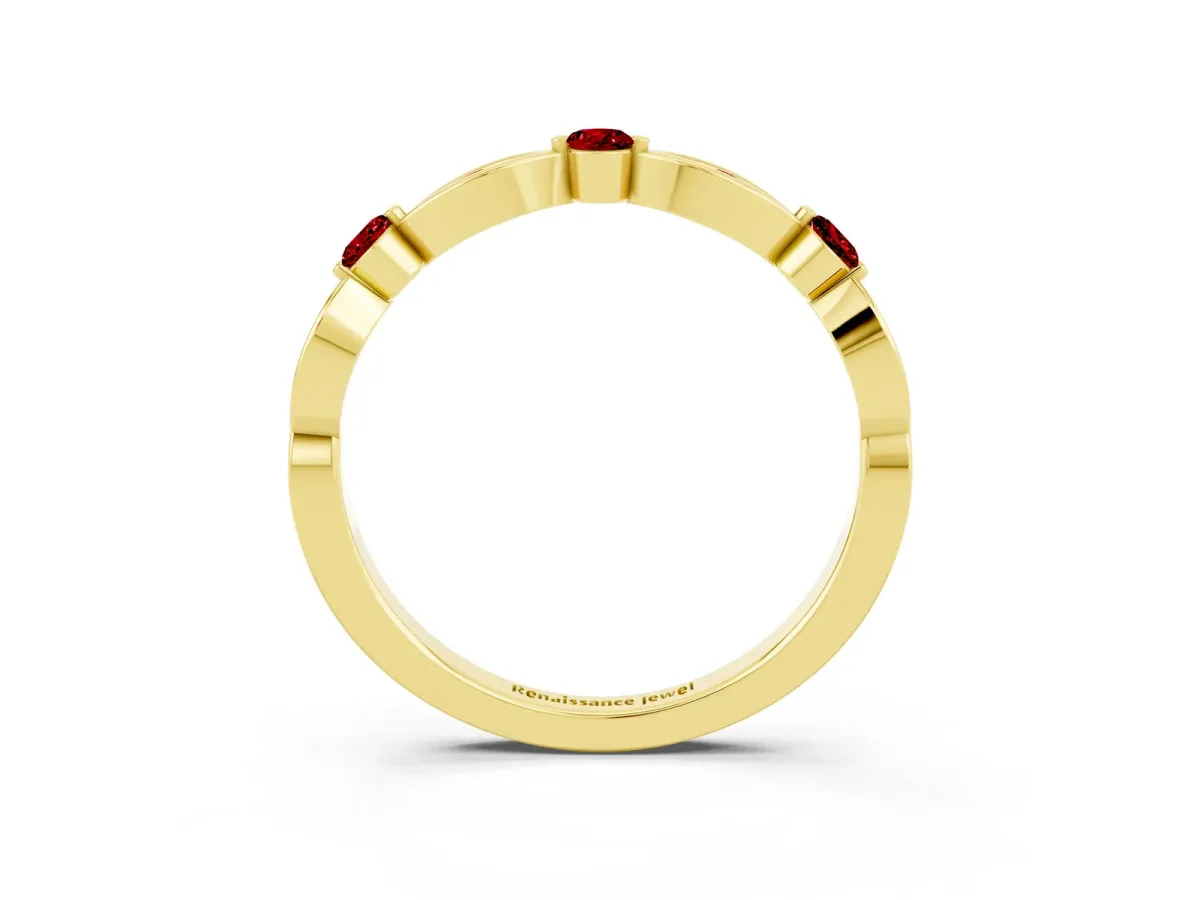 Marquise and Round Ruby Milgrain Band with Bezel Setting Yellow gold