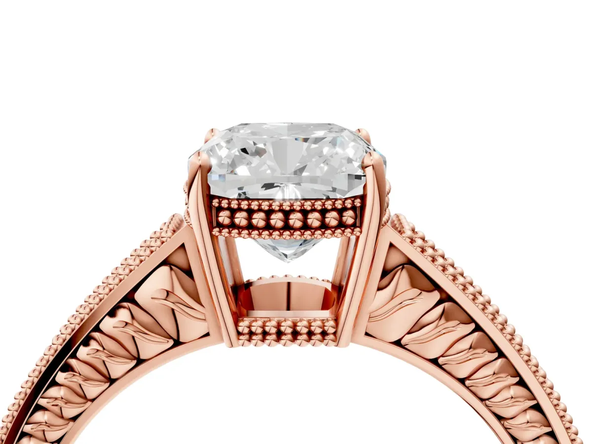 Cushion Cut Cut Diamond Milgrain Pave Band Four-Prong Setting Ring Rose gold