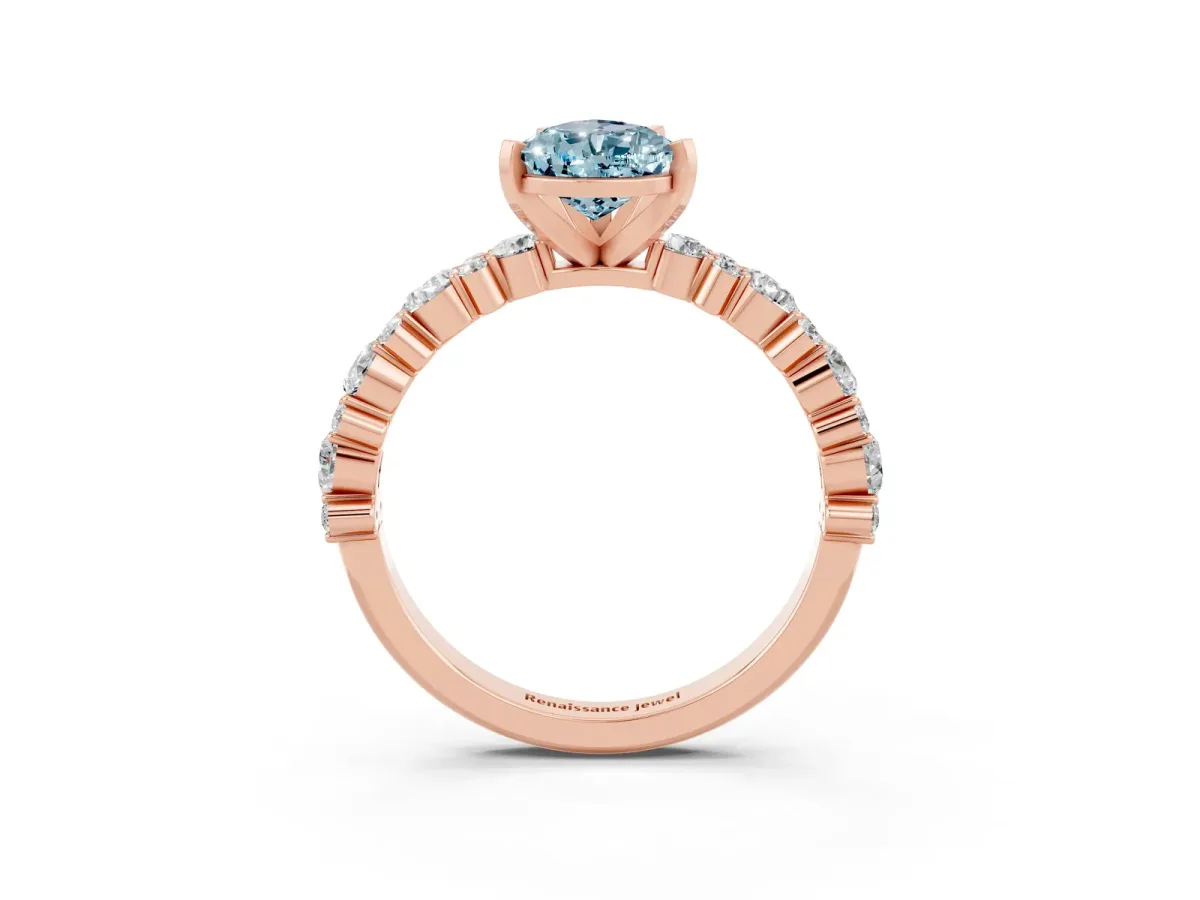 Pear Cut Aquamarine Side Stone Solitaire Ring with Round and Four-Prong Setting Rose gold