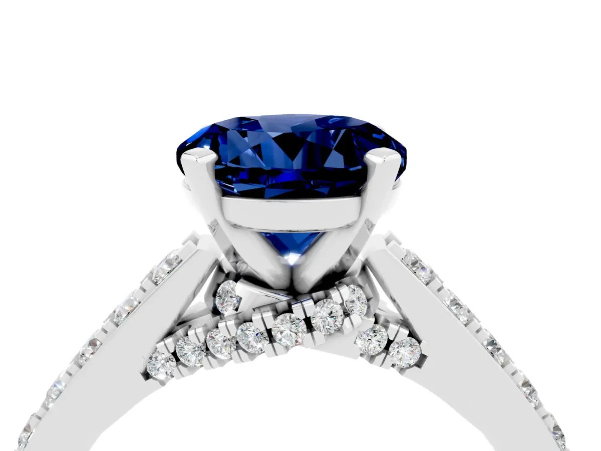 Round Cut Blue Sapphire Solitaire Ring with Crossover Gallery and Round Pavé Band Silver